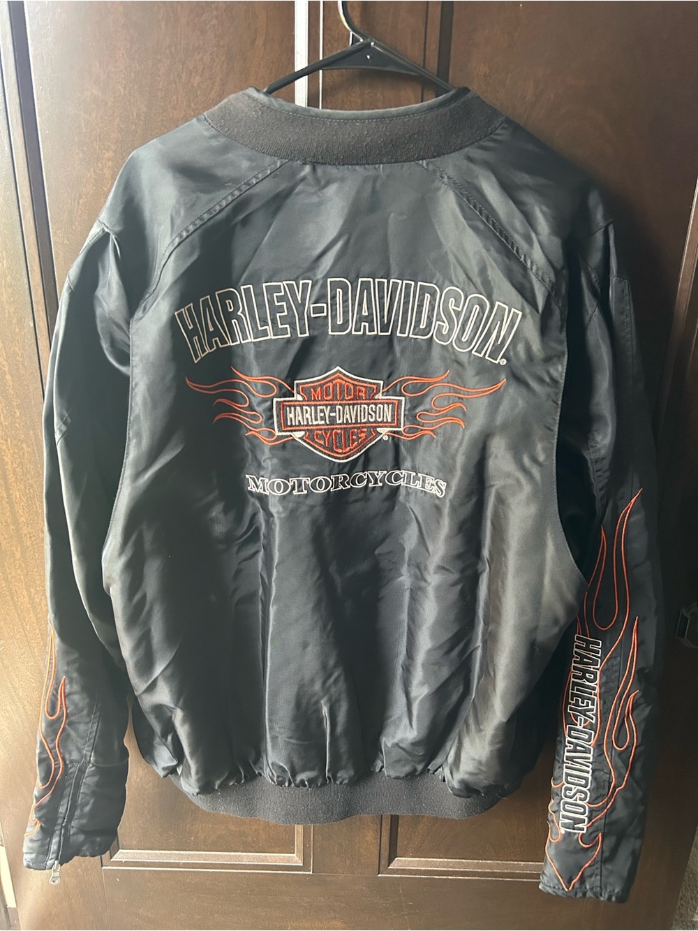 Vintage Harley‑Davidson Black Bomber Jacket Embroidered Logo Flame Sleeves